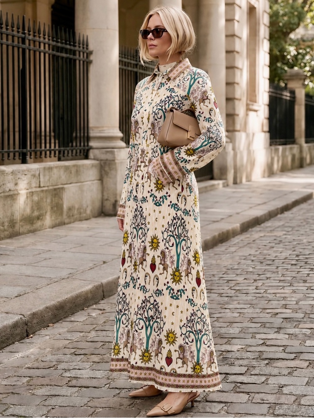 Sandro Celestial Button Up Silk Sun Astrology Print Maxi Dress